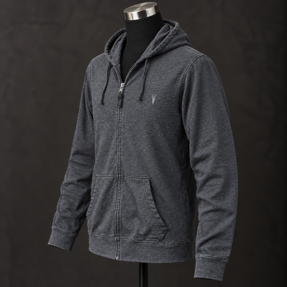 AllSaints Ramskull Full Zip Hoodie Men's Charcoal Gray Lightweight XL